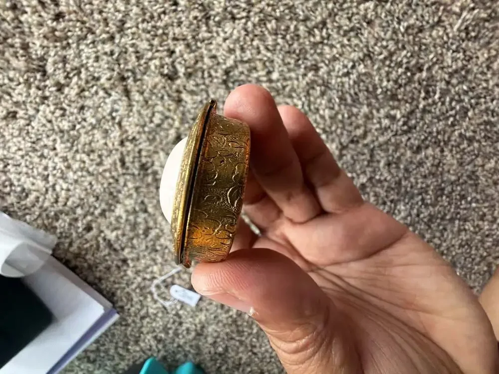 Vintage Gold Tone Floral Embossed Pill Box with Pink Cabochon